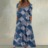 Blue Plaid Print Square Neck Midi Dress