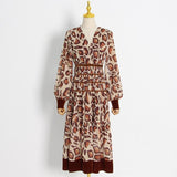 Leopard print V-neck lantern sleeve pleated dress