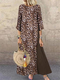 3/4 Sleeve Crew Neck Leopard Print Panel Maxi Dress