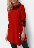 Plaid Long Sleeve Asymmetric Hem Lapel Top