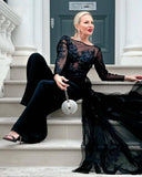 Black Lace Bodice Long Sleeve Evening Jumpsuit