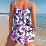 Floral Print Bowknot Blue Tankini Set