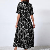 Baggy Short Sleeve Print Maxi Hooded Dress