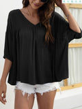 V-Neck Loose Casual Pleated Short Sleeve Top