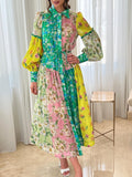 Colorblock Floral Print Lantern Sleeve Dress