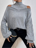 Gray Cold Shoulder Mock Neck Cable Knit Sweater