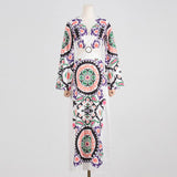 Retro print large V-neck hollow patchwork floral dress