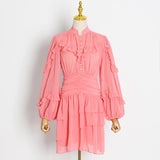 V-neck bubble sleeve long sleeve ruffle mini dress