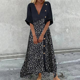 Black V-Neck Half Sleeve Graphic Floral Printed Maxi Dress