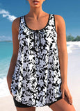 Floral Print Bowknot Black Tankini Set