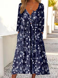 Navy Printed V Neck Button Long Sleeve Dress