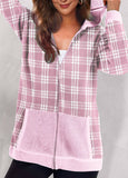 Tartan Print Zipper Closure Pink Hoodie