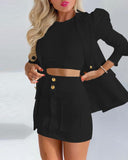 Long Sleeve Solid Color Top With Mini Skirt Two-piece Suit