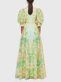 V-Neck Puff Sleeve Printed Maxi Dress