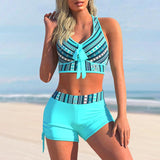 High Waist Striped Cyan Cross Strap Bikini Set