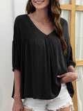 V-Neck Loose Casual Pleated Short Sleeve Top