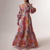 Vintage print V-neck lantern sleeve dress