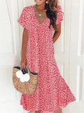 Red V-neck Short Sleeve Printed Dress