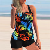 Colorful Print Black Wide Strap Tankini Set