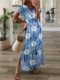 Holiday Floral Print Short Sleeve V-Neck Maxi Dress