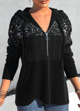 Asymmetric Hem Black Sequin Long Sleeve Hoodie