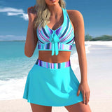 High Waist Striped Cyan Cross Strap Bikini Set