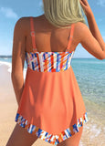 Coral Orange Geometric Print Asymmetric Hem Swimdress Set