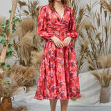 Long Puff Sleeves V Neck Chiffon Print Floral Red Formal Dress