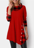 Plaid Long Sleeve Asymmetric Hem Lapel Top