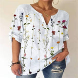 Loose Print V-Neck 3/4 Sleeve Top