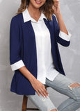 Navy Blue Faux Two Piece Turndown Collar Blouse