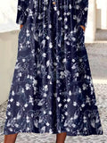 Navy Printed V Neck Button Long Sleeve Dress