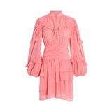 V-neck bubble sleeve long sleeve ruffle mini dress