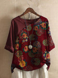 Women's Button Short Sleeve Floral Print T-Shirt