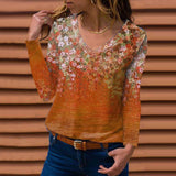 V-Neck Vintage Print Long Sleeve T-Shirt