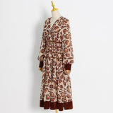 Leopard print V-neck lantern sleeve pleated dress