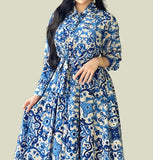 Blue Printed Long Sleeve Button Dress