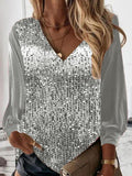 Casual V-neck Long Sleeve Sequined Top