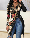 Zippered V-Neck Long Sleeve High Slit Leopard Print Button Top