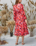 Long Puff Sleeves V Neck Chiffon Print Floral Red Formal Dress