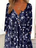 Navy Printed V Neck Button Long Sleeve Dress