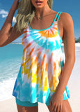 Ombre Cyan Tie Dye Print Swimdress and Shorts