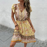 V-Neck Short Sleeve Vintage Print Dress