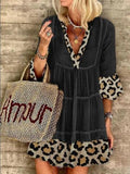 Fashion Leopard Print Patchwork Cotton Linen Dress