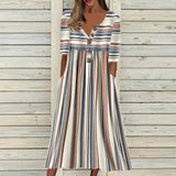 Irregular Stripe Print V-Neck Short Sleeve Slip Pocket Dress