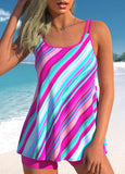 Rose Pink Stripe Print Double Straps Tankini Set