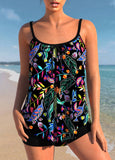 Black Spaghetti Strap Floral Print Tankini Set