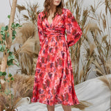 Long Puff Sleeves V Neck Chiffon Print Floral Red Formal Dress