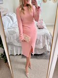 Fashion Split Crewneck Feather Long Sleeve Dress