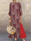 3/4 Sleeve Crew Neck Leopard Print Panel Maxi Dress